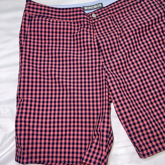 Bonobos Swim Trunks Size 33 Pink Blue Gingham Button Front Mesh Lined Preppy Dad - Picture 2 of 14